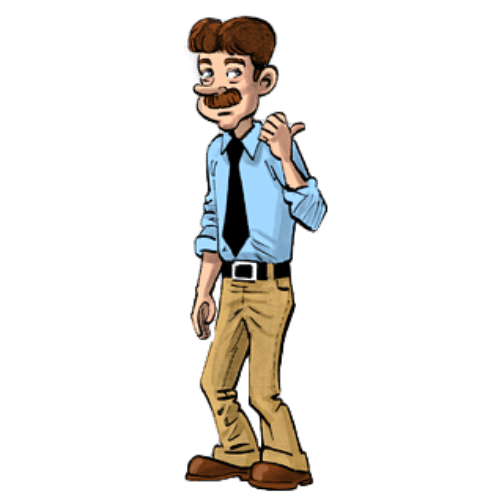 comic image of male teacher pointing backwards with thumb