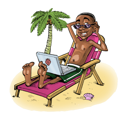 comic image of young man at beach with laptop