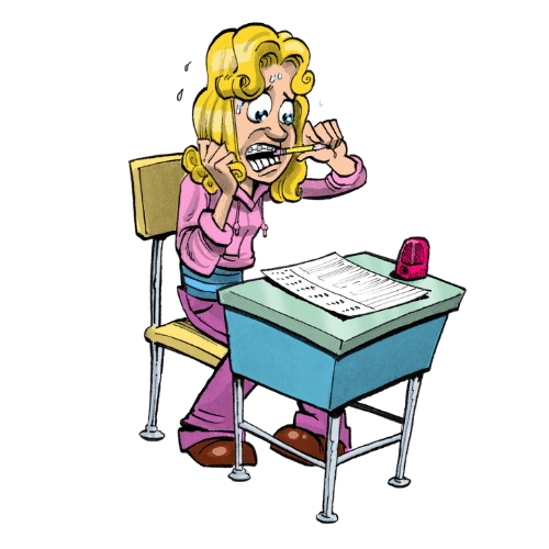 comic image of girl at desk panicking over test